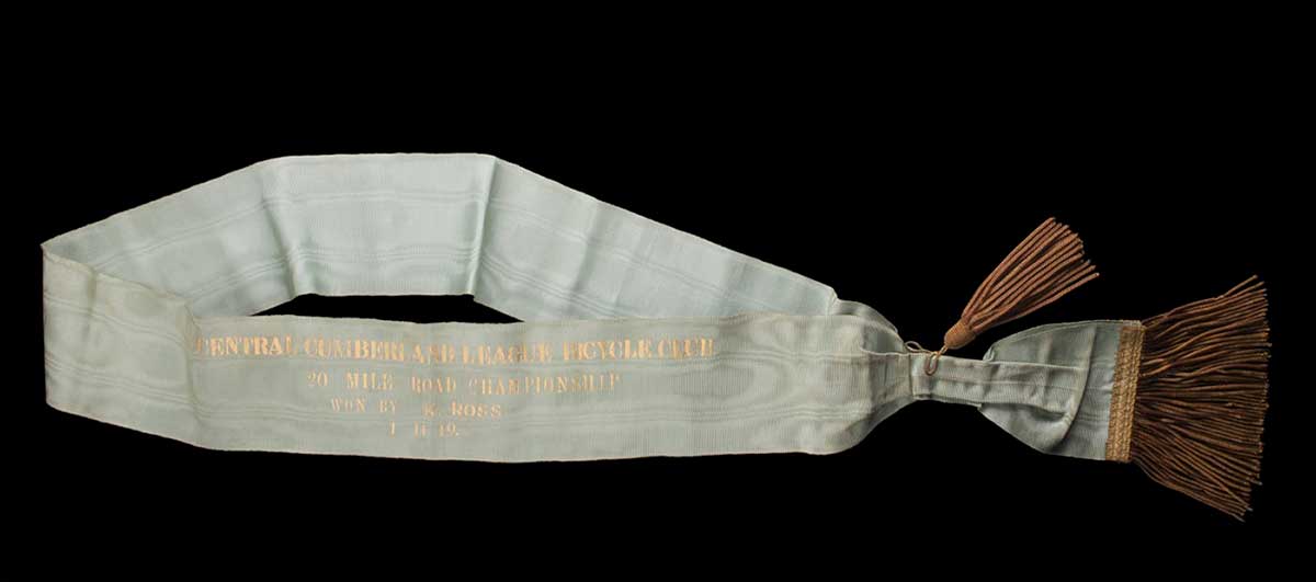 Pale blue sash with gold fringing and gold lettering. - click to view larger image