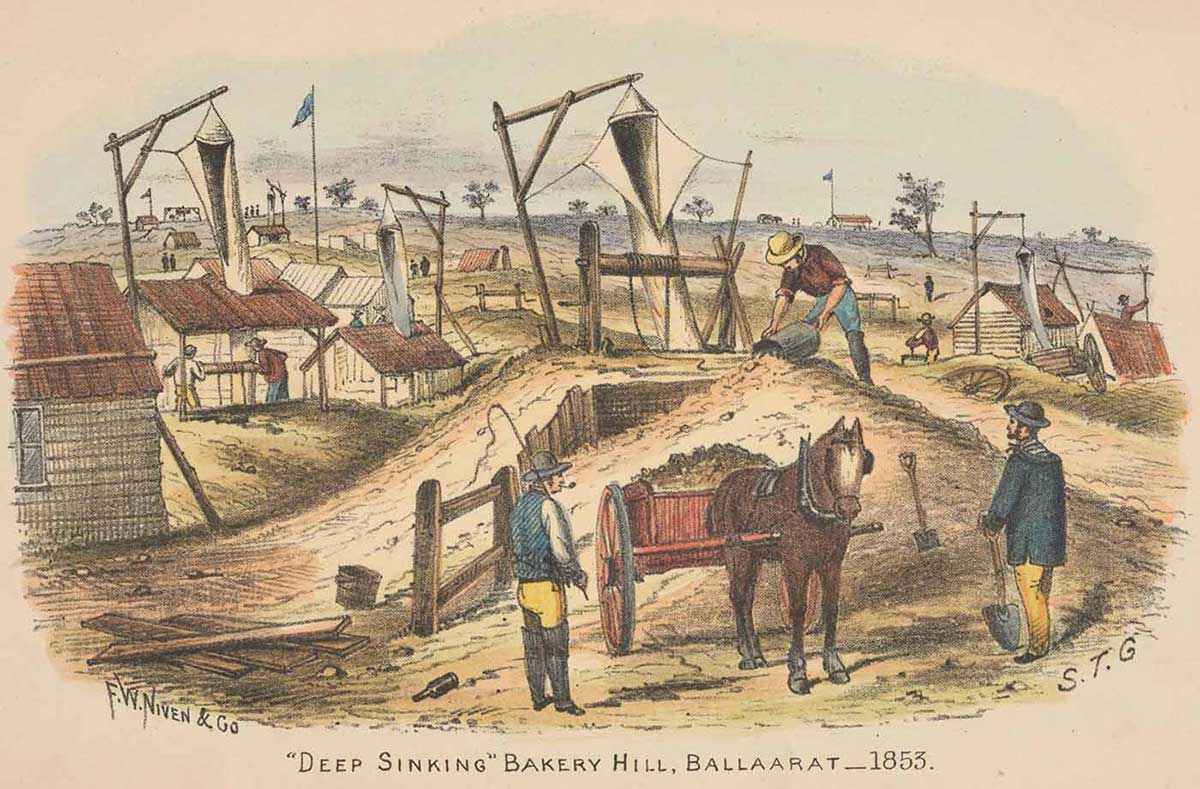 Colour artwork of gold diggings with two men and a horse and cart in the foreground.