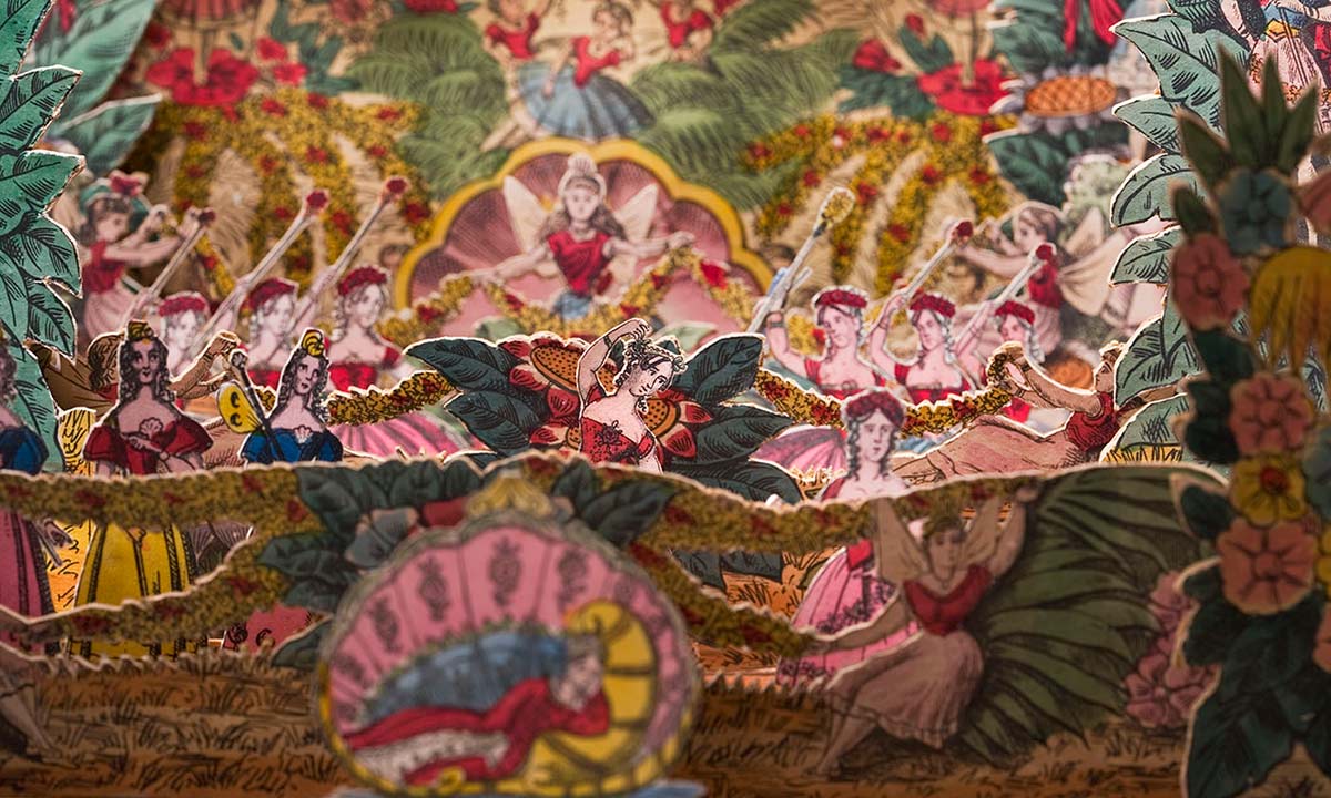 Detail of set and performers in the toy theatre.