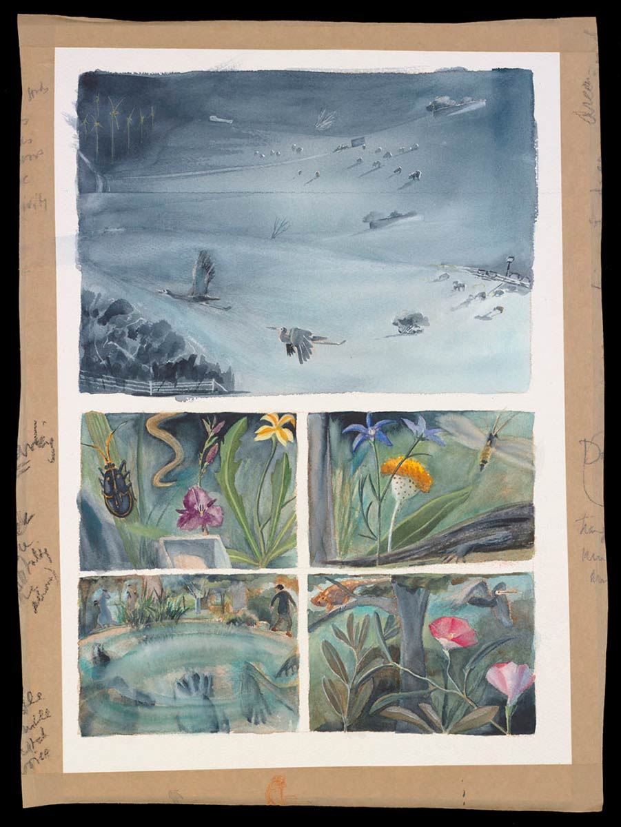 A painting divided into five panels. The top panel, in black and white, shows a farming landscape, with two birds flying in the foreground. The bottom four panels, in colour, show various plants and animals and a human form beside a waterhole. - click to view larger image