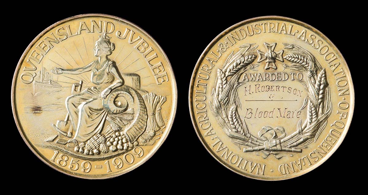 Photo of two gold circular medal faces, side by side. The face on the left has a raised image of a queen sitting among sheaves of grain, a pick and shovel and a horn filled with fruit and vegetables. It is inscribed 'QUEENSLAND JUBILEE 1859-1909'. The reverse is inscribed H.Robertson/Blood Mare'. - click to view larger image