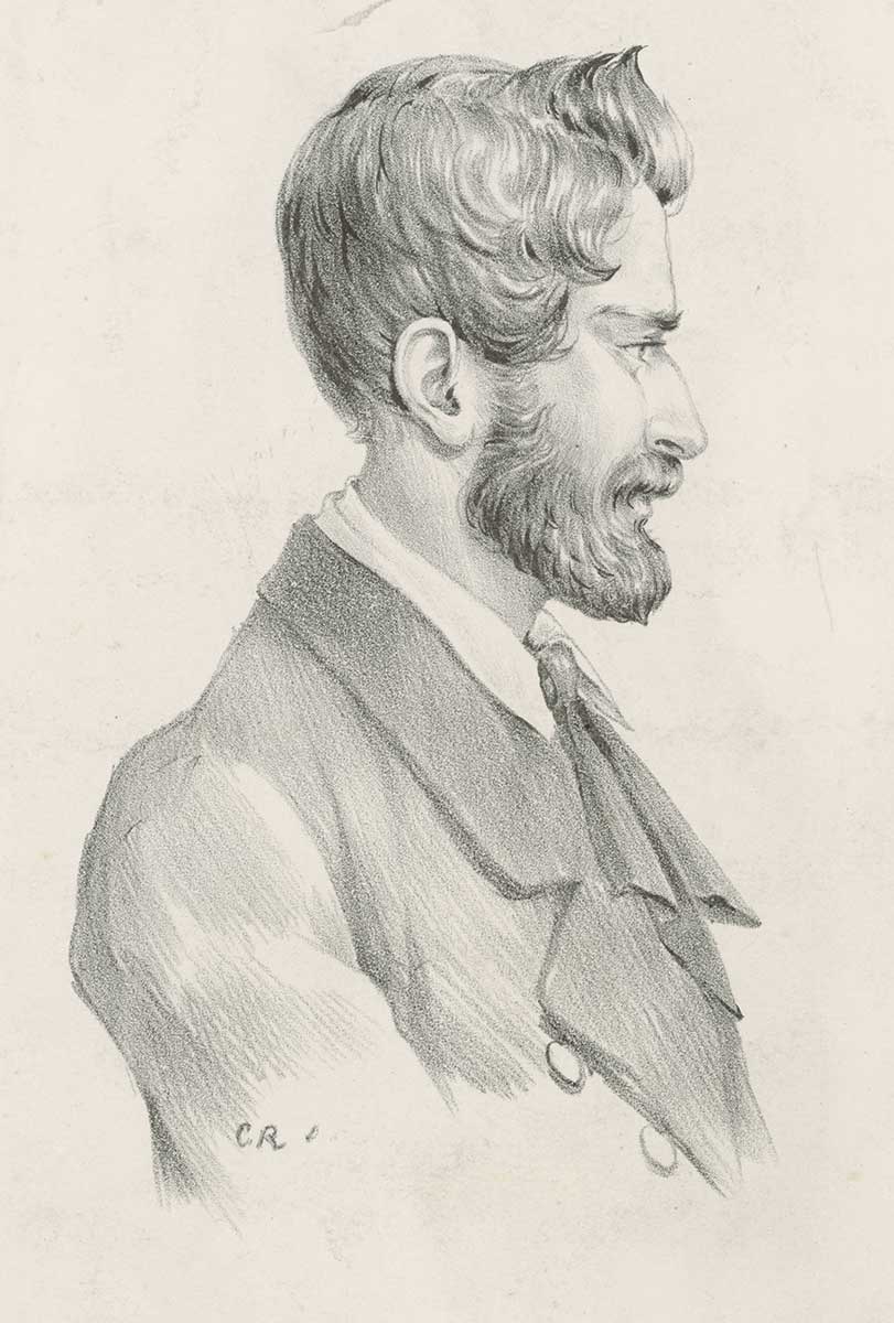 Charcoal drawing of a bearded man in a frock coat in profile. - click to view larger image