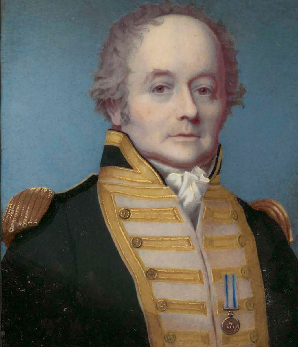 Colour portrait of late middle-aged man wearing a gold-brocaded uniform with epaulettes and a medal. - click to view larger image
