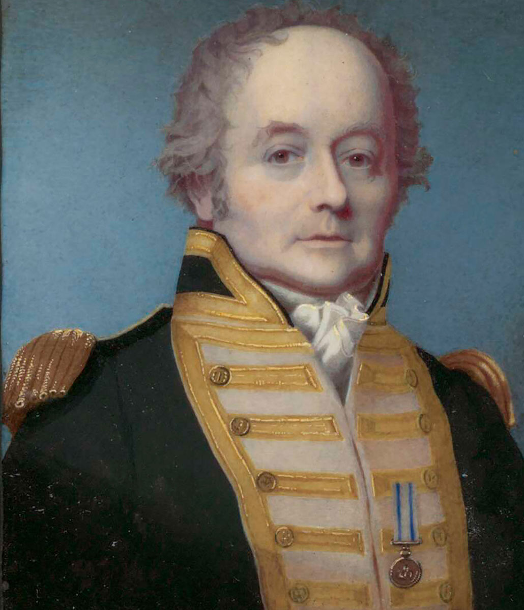 colour portrait of late middle-aged man wearing a gold-brocaded uniform with epaulettes and a medal. - click to view larger image