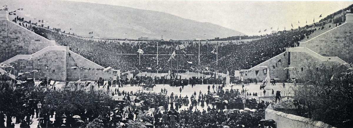 The Panathenaic Stadium in Athens during the first day of the 1896 Olympic Games