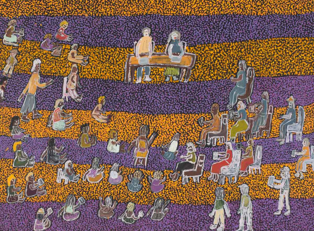 A painting with a background of alternate bands of purple and orange dots . In the upper centre section there is a table at which two figures are sitting. Around this are grouped a number of people either sitting on chairs or on the ground. - click to view larger image