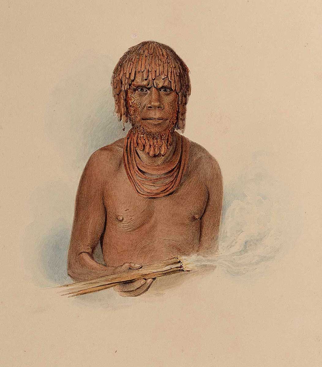Watercolour painting featuring an Aboriginal man with dressed hair and beard; he is wearing necklaces and holding a fire stick. - click to view larger image