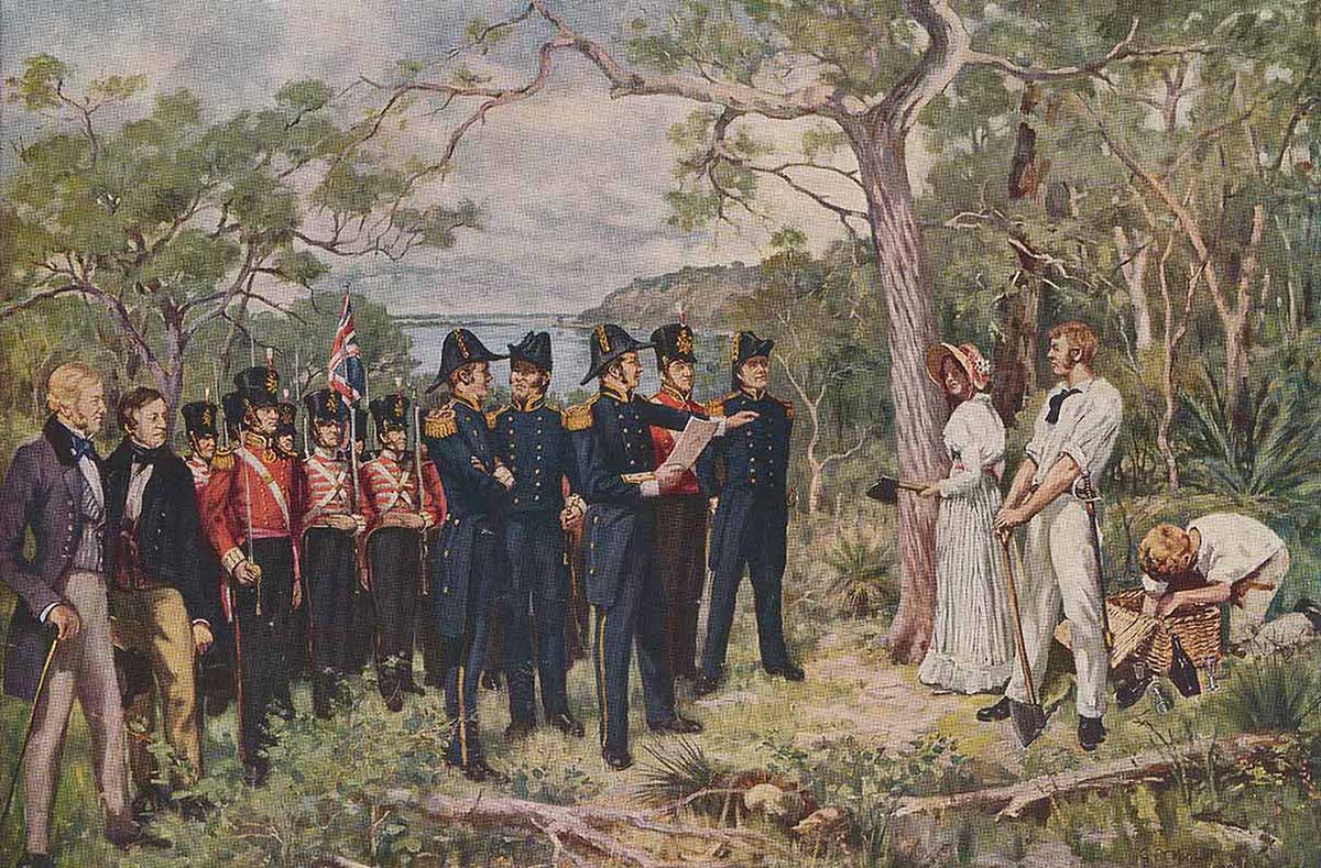 Painting of a group of soldiers and man and woman free settlers in the bush landscape.
