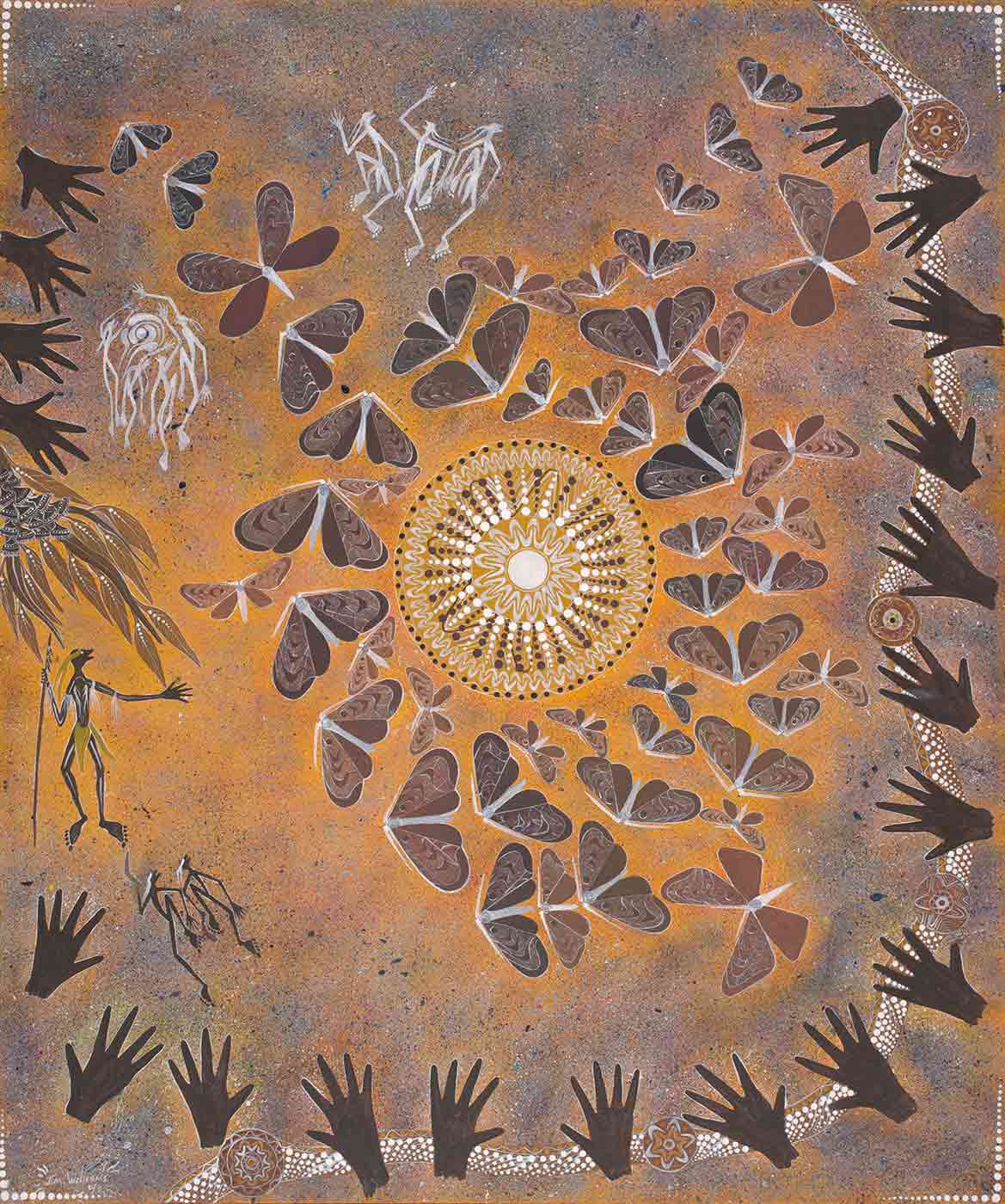 A painting on canvas containing a number of motifs including moths, human figures and hand stencils. - click to view larger image