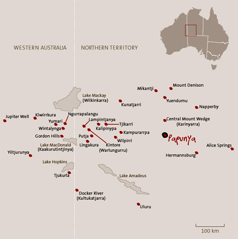 Map of Australia indicating the location of Papunya plus a detailed section that shows sites of significance in the area.