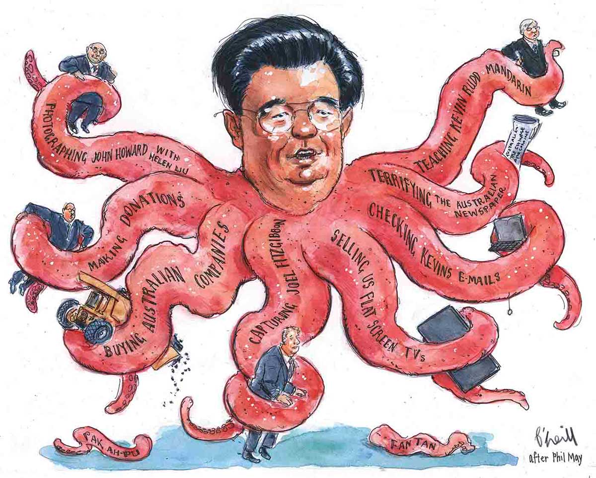 A colour cartoon depicting Chinese president Hu Jintao as a large red octopus. His head sits upon the tentacles. Each tentacle has text upon it and is clutching an object or an Australian politician. The text on the tentacles says 'Photographing John Howard with Helen Liu', 'Making Donations', 'Buying Australian companies', 'Capturing Joel Fitzgibbon', 'Selling US flat screen TVs', 'Checking Kevin's emails', 'Terrifying the Australian Newspaper' and 'Teaching Kevin Rudd Mandarin'. - click to view larger image