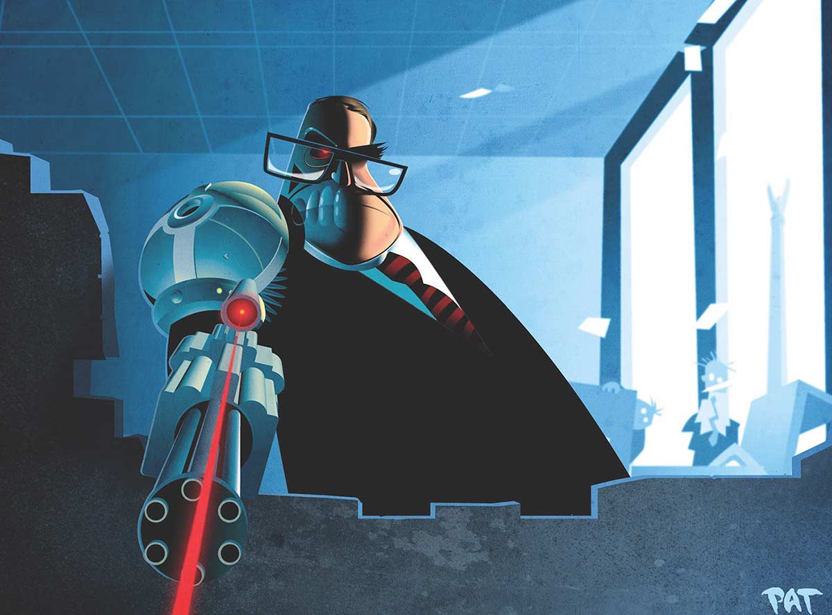 A colour cartoon depicting John Faulkner as part 'Terminator'. He faces the viewer; the right side of his face is human looking, while the left side of his face is a menacing robot with a glowing red eye. He extends his right arm toward the viewer. It is a lethal looking combination of a machine gun with a laser sight. In the background is an office interior. Two figures can be seen in the right background, cowering from the 'Terminator'. In front of the 'Terminator' is what appears to be the remains of a wall. It appears that the 'Terminator' has blown away part of the wall. - click to view larger image