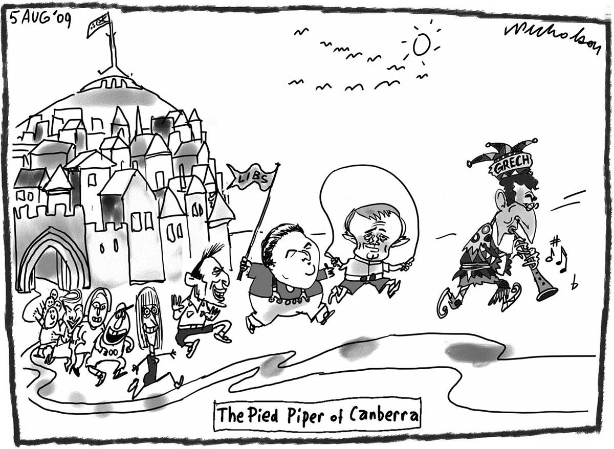 A black and white cartoon titled 'The Pied Piper of Canberra'. A figure dressed as a fool or harlequin wears a hat with name 'Grech' and plays a pipe with notes floating around it. Behind him Liberal Party ministers are portrayed as children following the piper: Malcolm Turnbull with a jump rope, Joe Hockey waving a 'Libs' flag, Tony Abbott kicking up his heels, Julie Bishop running and grinning. In the background is a medieval village with the flag pole of Parliament House at its centre. - click to view larger image