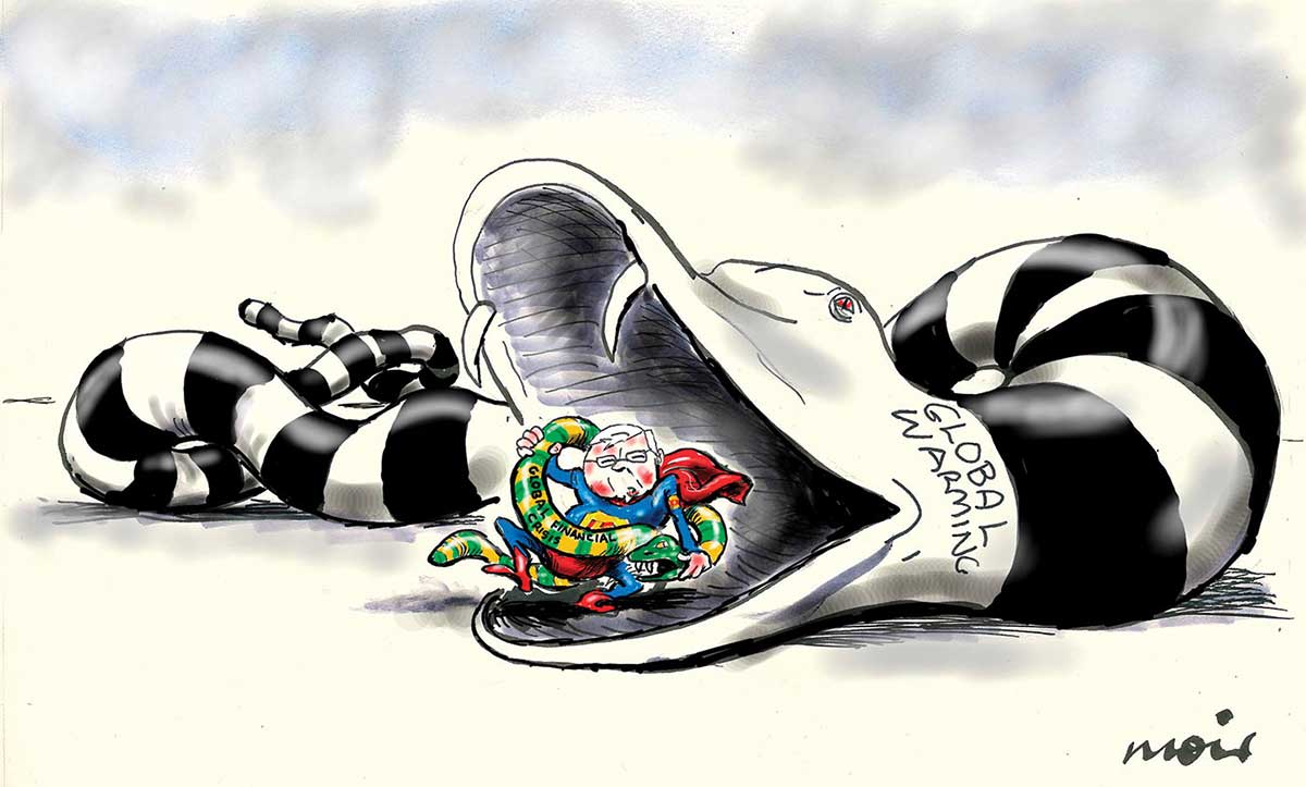 A colour cartoon depicting Kevin Rudd dressed as a superhero, in red and blue costume and cape, wrestles a small snake. The snake has green and gold stripes and the text 'Global financial crisis' written on its body. Mr Rudd stands in the opened mouth of a much larger python, labelled 'Global warming'. This snake has black and white stripes, red eyes and sharp fangs. - click to view larger image