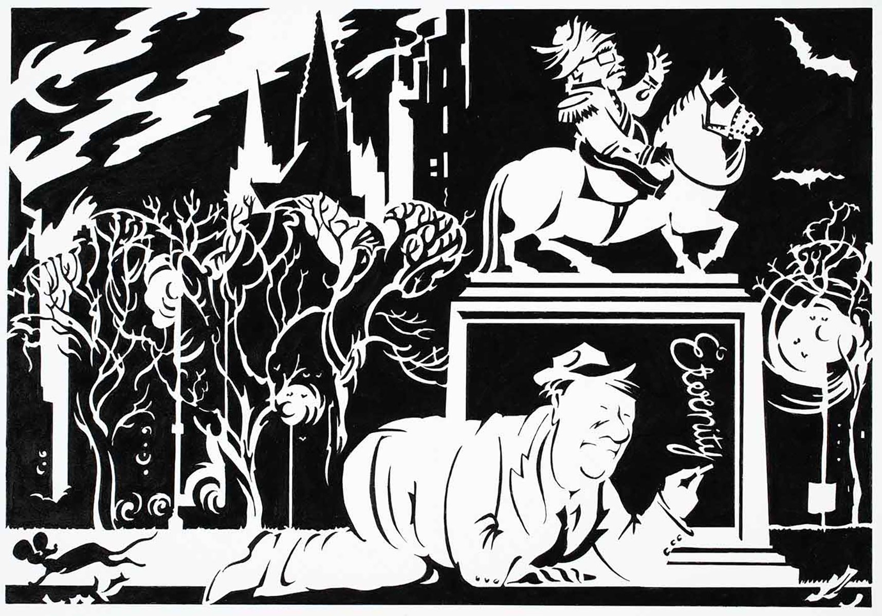 Cartoon of Peter Costello on his hands and knees, writing the word 'Eternity' underneath the statue of John Howard on a horse - click to view larger image