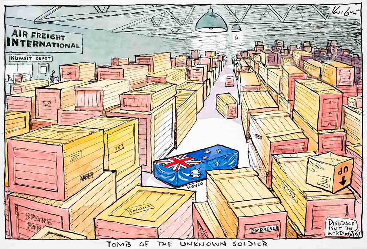 Political cartoon of a Kuwait international air freight depot containing hundreds of packing crates. In the middle of it all is a rectangular shaped box draped in the Australian flag. - click to view larger image