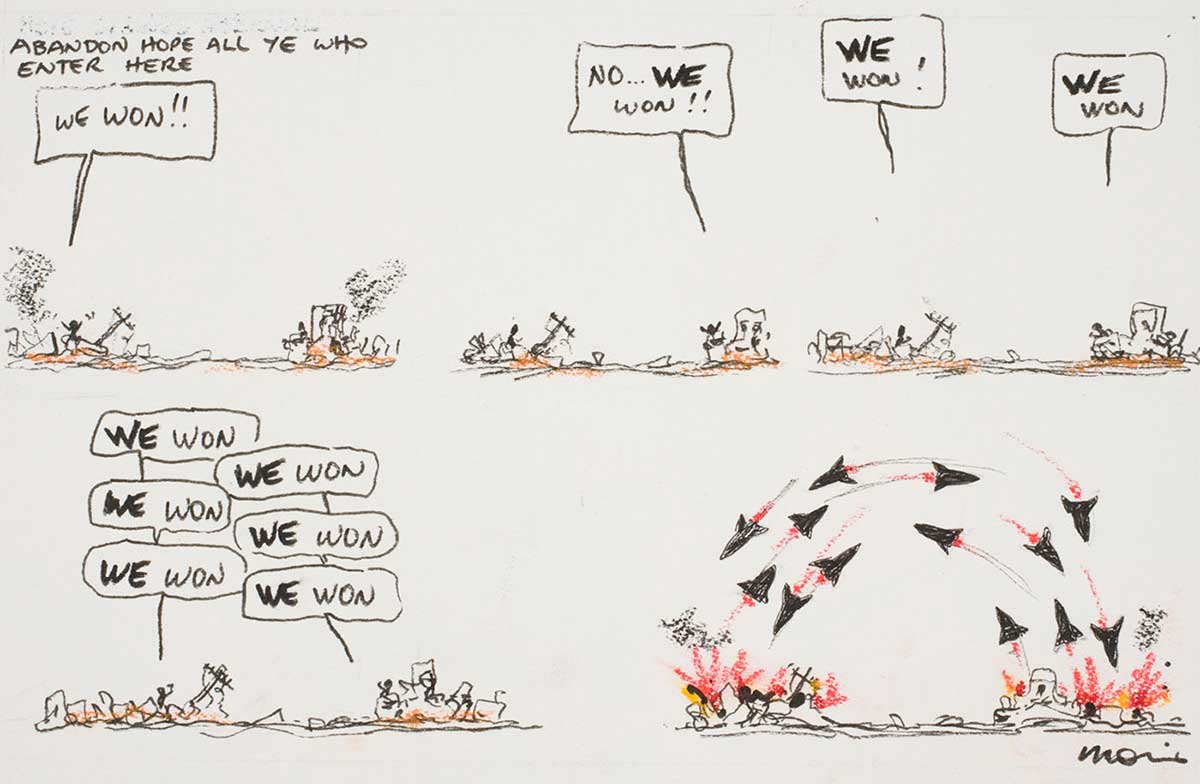 Political cartoon showing a war between two sides who both think they have won. - click to view larger image