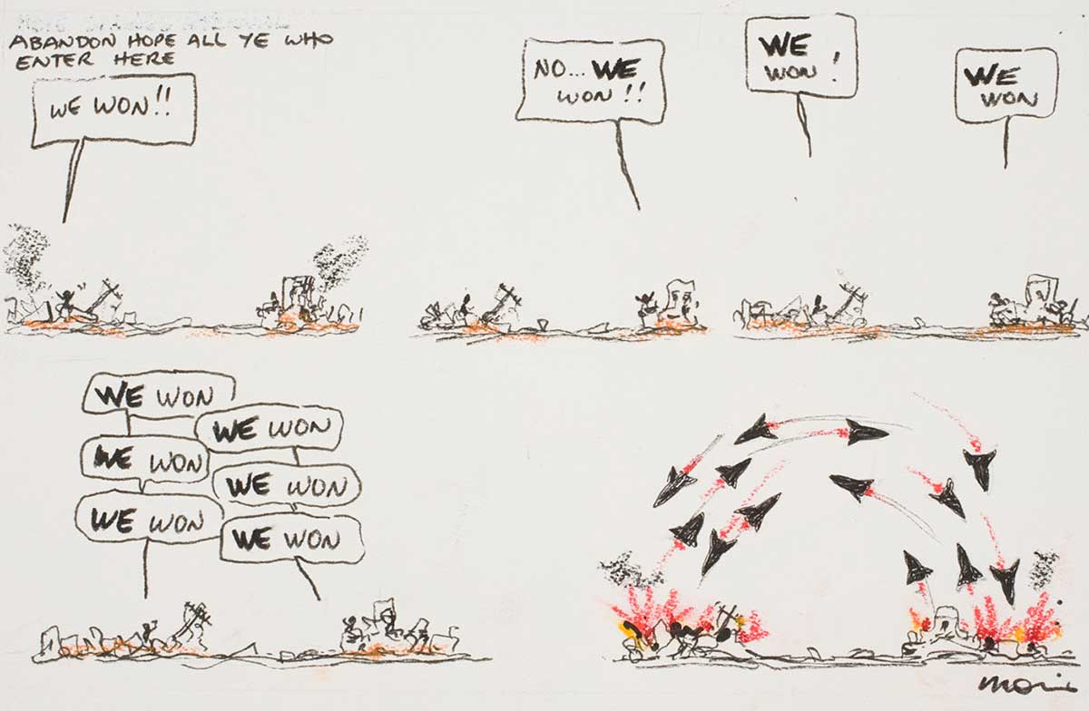 Cartoon showing a war between two sides who both think they have won. - click to view larger image