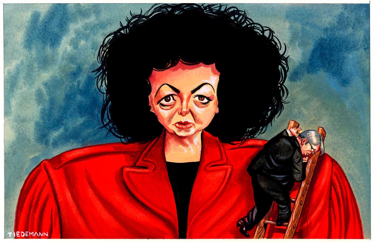 A colour cartoon depicting Kevin Rudd and Therese Rein. She is wearing a red jacket and is much, much larger than him. He is shown in a dark suit, climbing down off her left shoulder, using a ladder. - click to view larger image