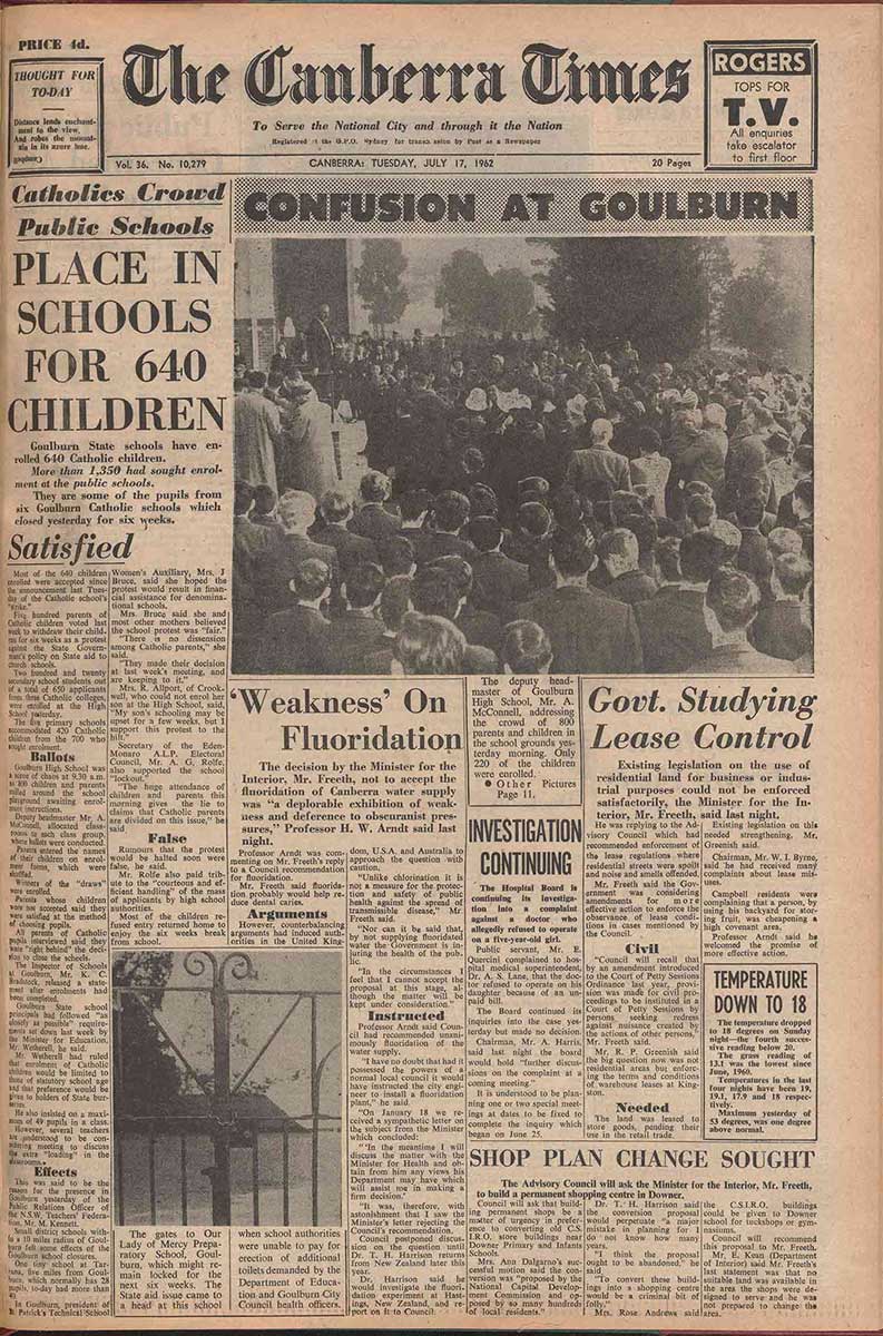 Front page of 'The Canberra Times' newspaper featuring a main headline on the Goulburn school strike. - click to view larger image