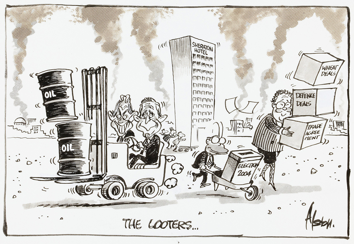 Cartoon depicting western leaders looting a ruined Iraq. - click to view larger image