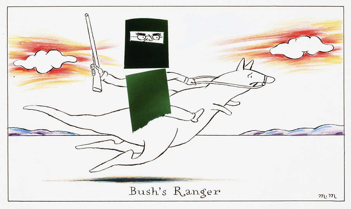 A cartoon titled 'Bush's Ranger' featuring a figure wearing Ned Kelly style armour, holding rifle, and riding a kangaroo. - click to view larger image
