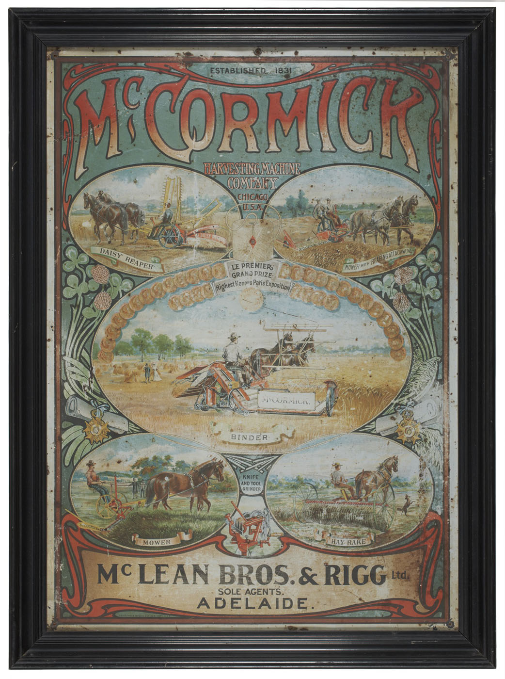 A tin sign painted with a central image of a piece of farm machinery being drawn behind two horses. Four smaller images show other horsedrawn farming equipment. Text reads 'McCormick Harvesting Machine Company, Chicago, USA' - click to view larger image