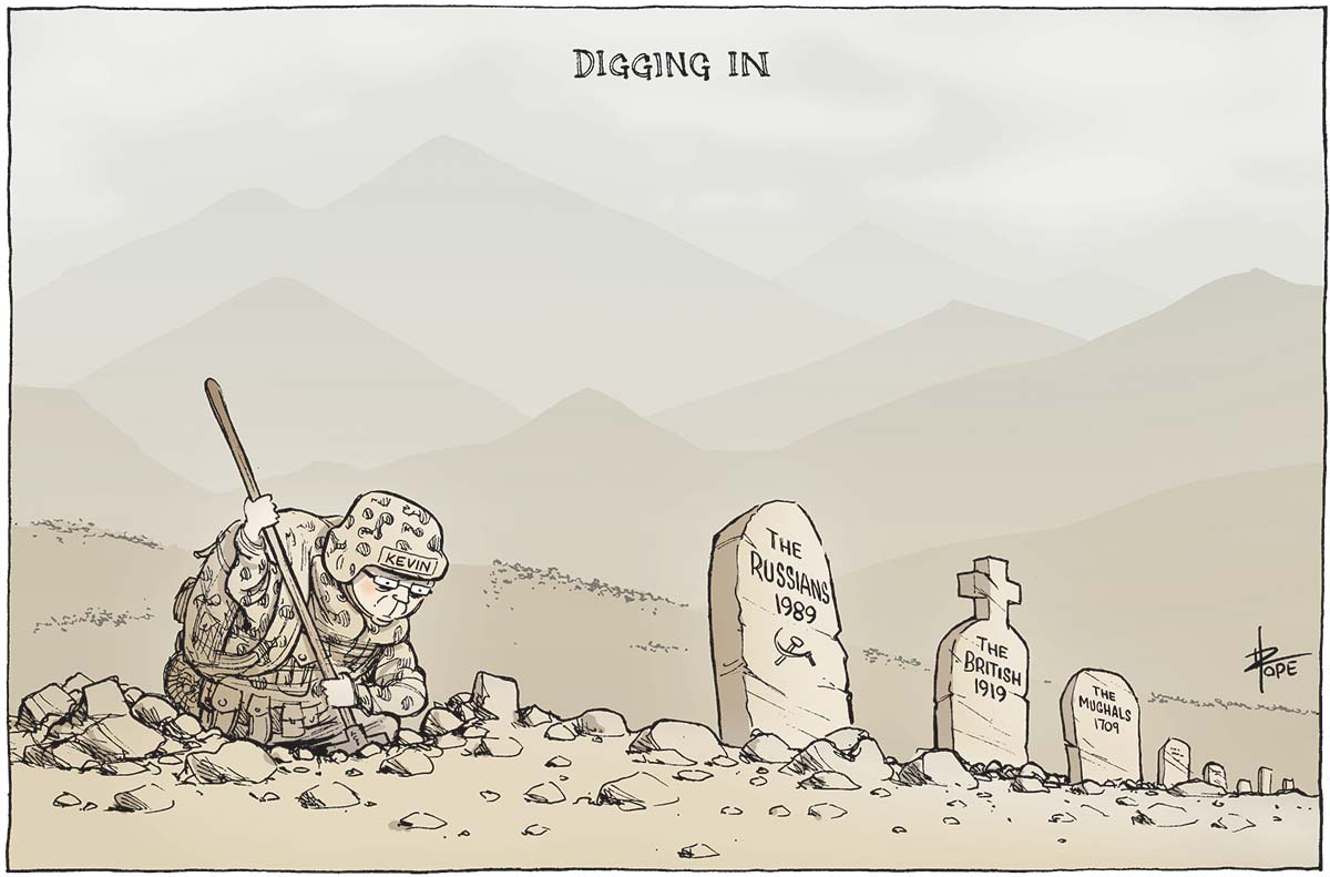 A stark greyish landscape with range after range of hills in the background. Kevin Rudd in military camouflage fatigues is digging into rocky soil with a shovel. Next to him is a row of three gravestones. The one closest to Rudd says 'The Russians 1989' and beneath that is the hammer and sickle symbol. The next gravestone says 'The British 1919' and the third says 'The Mughals 1709'. - click to view larger image