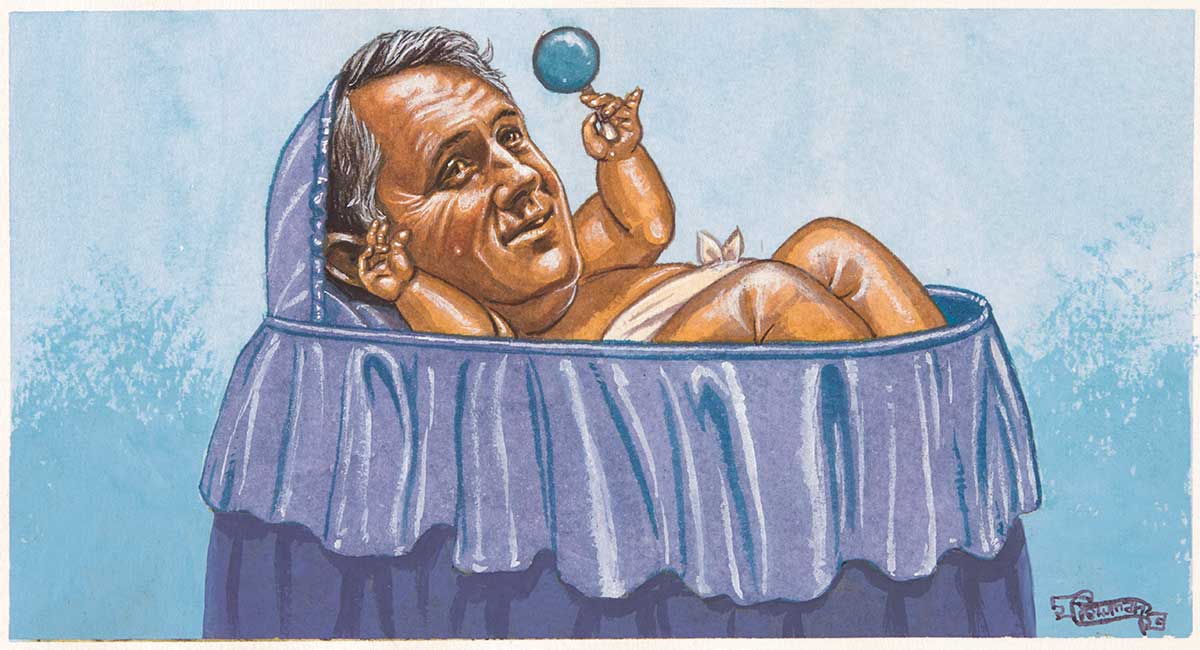 Political cartoon showing Malcolm Turnbull lying in a blue bassinette. Turnbull has the body of a baby and is lying on his back wearing only a nappy. He holds a round blue rattle in his right hand. - click to view larger image