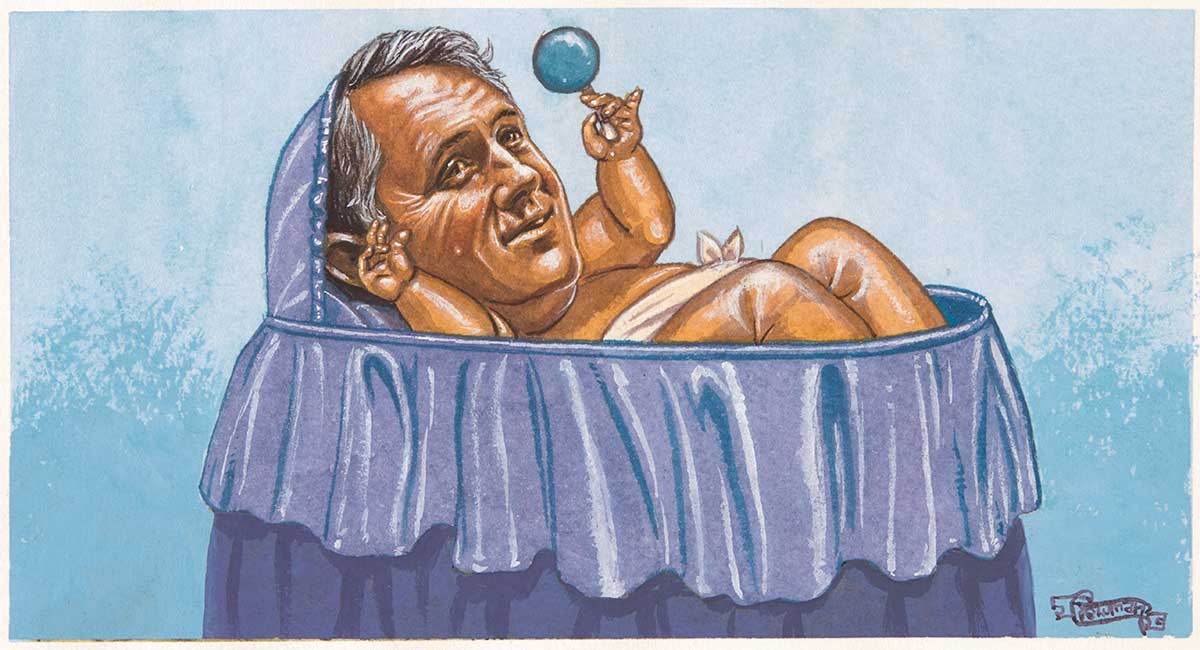 Colour illustration showing Malcolm Turnbull lying in a blue bassinette. Turnbull has the body of a baby and is lying on his back wearing only a nappy. He holds a round blue rattle in his right hand. - click to view larger image