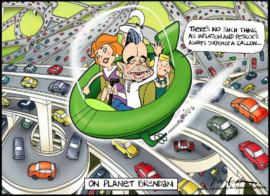 Colour cartoon in the style of the Jetsons. It shows Brendan Nelson piloting a green spaceship, with Jane, Judy and Elroy on board. They are flying above numerous cars on a tangle of roads below. Nelson says 'There's no such thing as inflation and petrol's always sixpence a gallon...'. Cartoonist Bill Leak signs the cartoon 'with apologies to Hanna-Barbera'. - click to view larger image