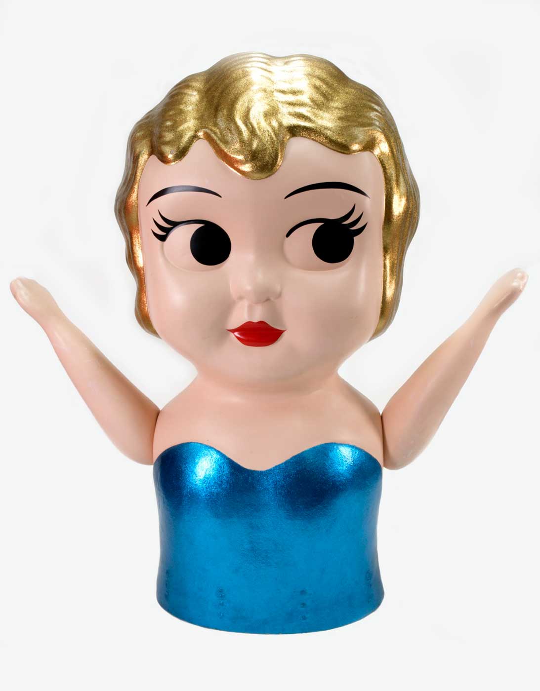 The head and torso of a large scale Kewpie doll performance prop. The head and torso are a single cast fibreglass piece, painted with pink skin, red lips, black eye details, glitter-gold hair, and a glitter-blue strapless dress. - click to view larger image