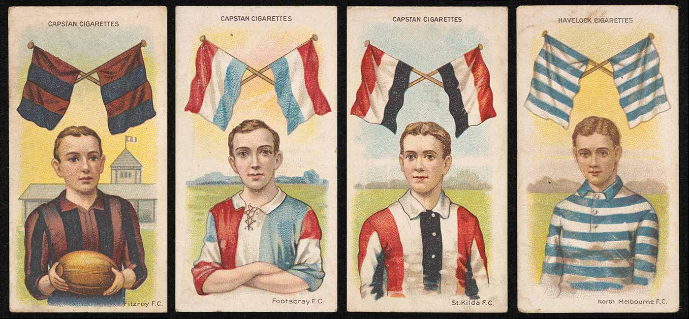 A football card featuring a St Kilda Australian Rules player and flags. Text at the top reads 'Capstan cigarettes'. Text at the bottom reads 'St. Kilda F.C.'.