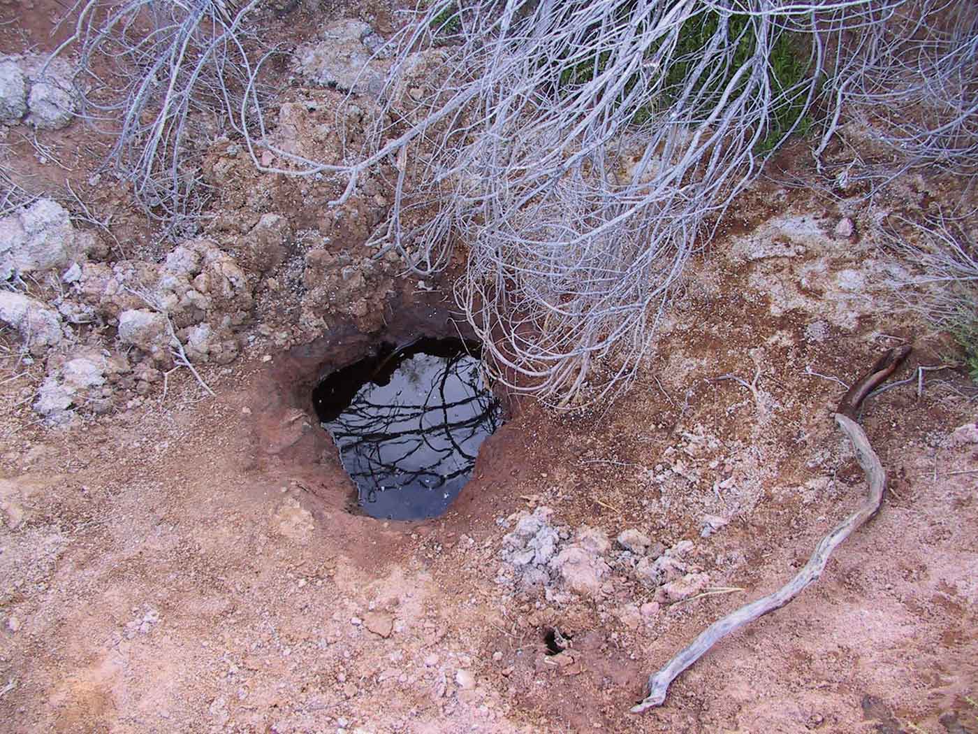 Colour photo of a hole in the ground filled with water.
