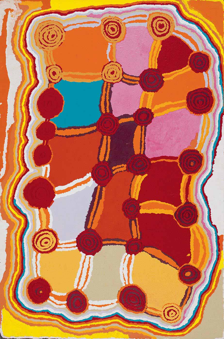 A painting on brown linen with one blue square of solid paint in the upper left corner. There is a grid of red concentric circles, some with beige, black or yellow rings, connected by orange, yellow, white, black or beige striped lines, and with textured solid colours filling the spaces between. The square-like spaces are orange, pink, red, blue, black, brown, lavender, cream and pale green. Around the edge is a border in aqua, red, orange, yellow and beige with the top right and bottom left corners filled with solid colour. - click to view larger image
