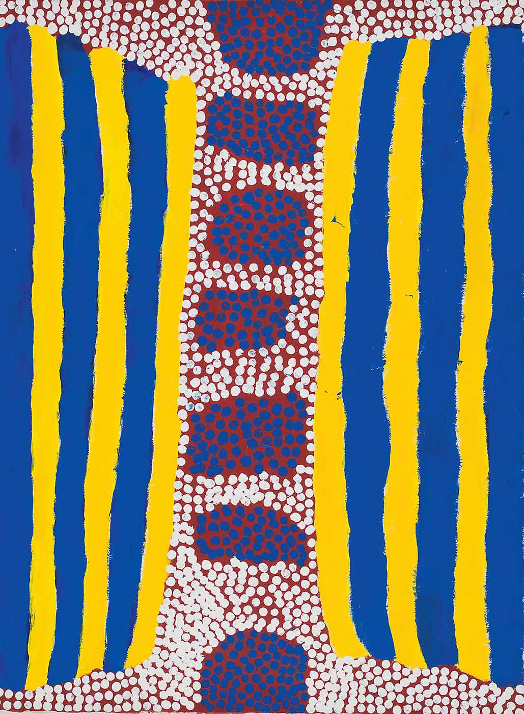 A painting on canvas with a vertical line of blue dotted rectangles on brown, flanked by vertical yellow and blue stripes. The background is brown covered with white dots. - click to view larger image
