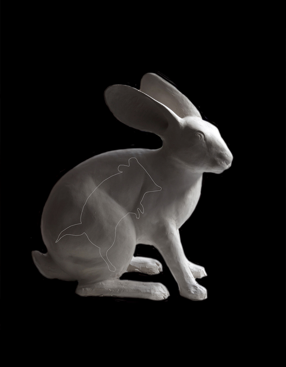 Sculpture of a rabbit which has the outline of a fat-tailed dunnart drawn on it. - click to view larger image