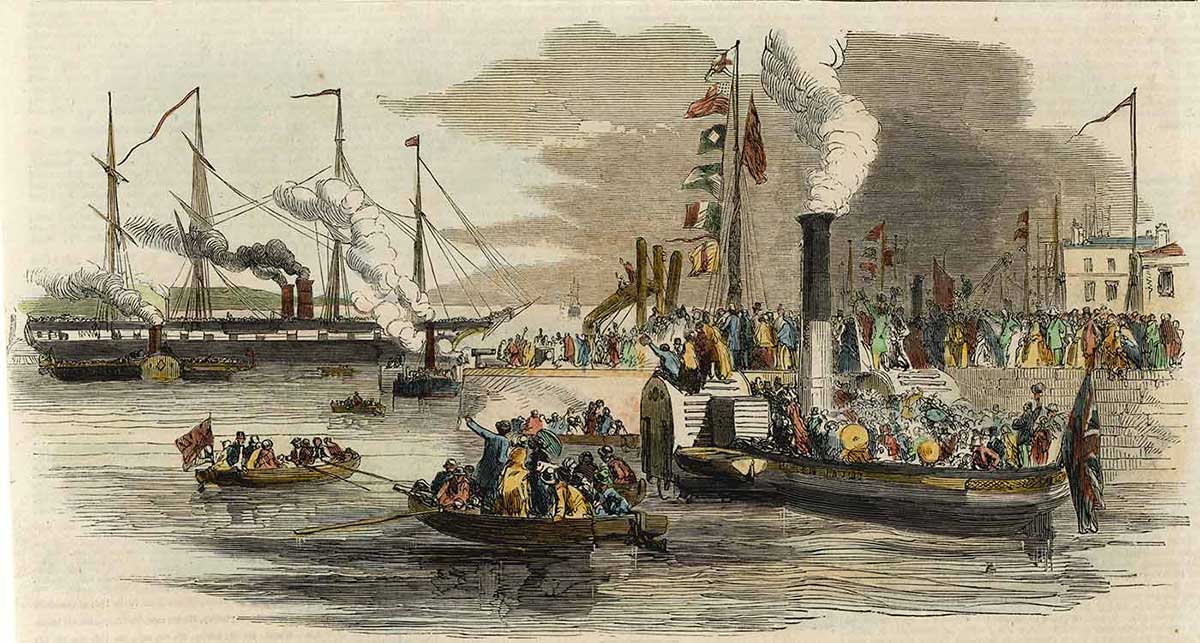 Painting of a steamship and boats filled with people in a harbour.