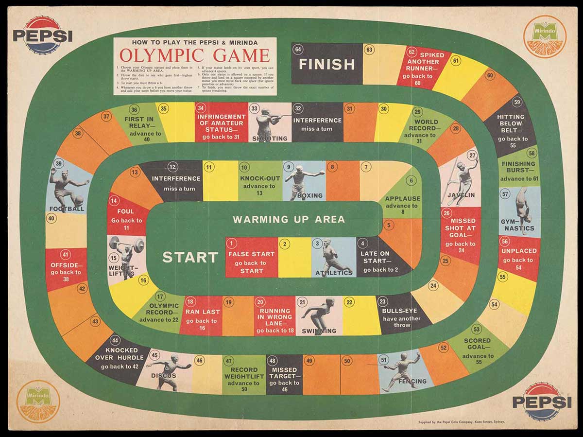 A sheet of card printed with a spiral pattern of coloured and numbered spaces over a green oval-shaped background. Logos reading 'PEPSI' and 'Mirinda' appear in each corner of the card. A grid of creases is visible verso. Instructional text printed within a white field reads in part: 'HOW TO PLAY THE PEPSI & MIRINDA OLYMPIC GAME'. - click to view larger image