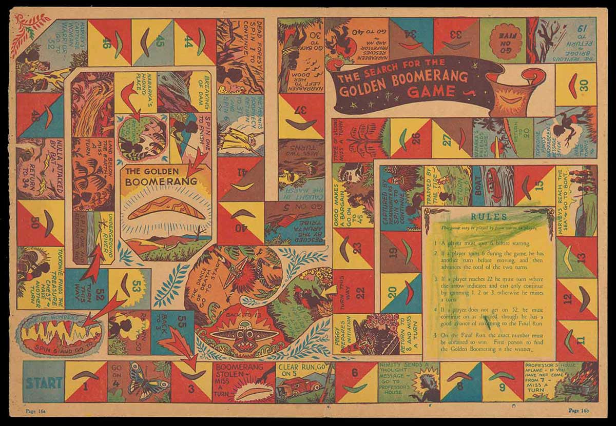 Game board with multi-coloured squares and images of a golden boomerang and Australian landscapes. The game's rules are printed bottom right. - click to view larger image