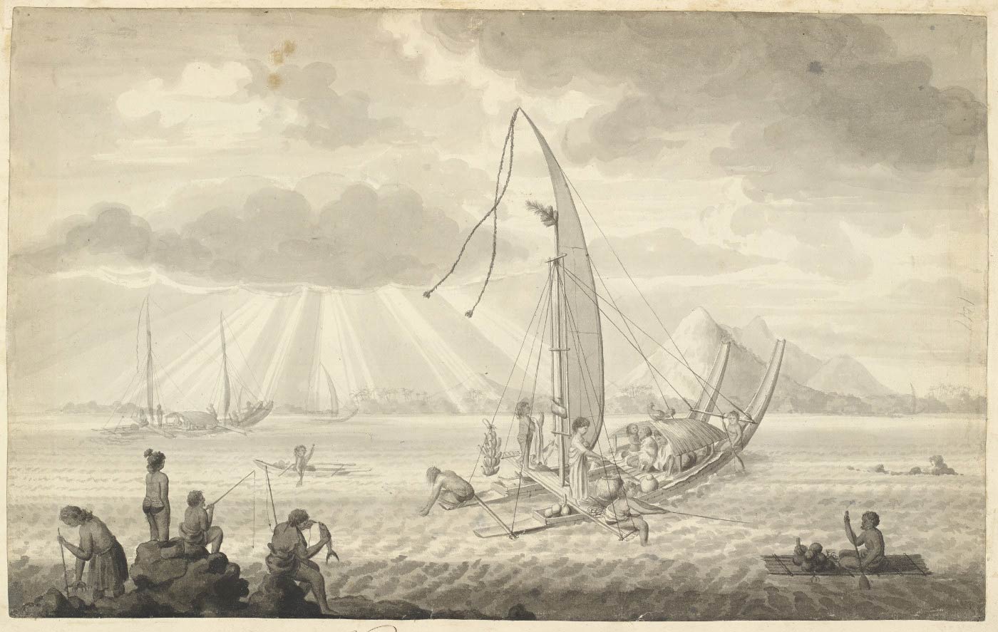 Black and white drawing of an outrigger canoe with a family seated under a shadecloth at the front and people fishing from either side. More people fish from the shore and other canoes are seen in the distance and beyond them, mountains rise under light streaming from above. - click to view larger image