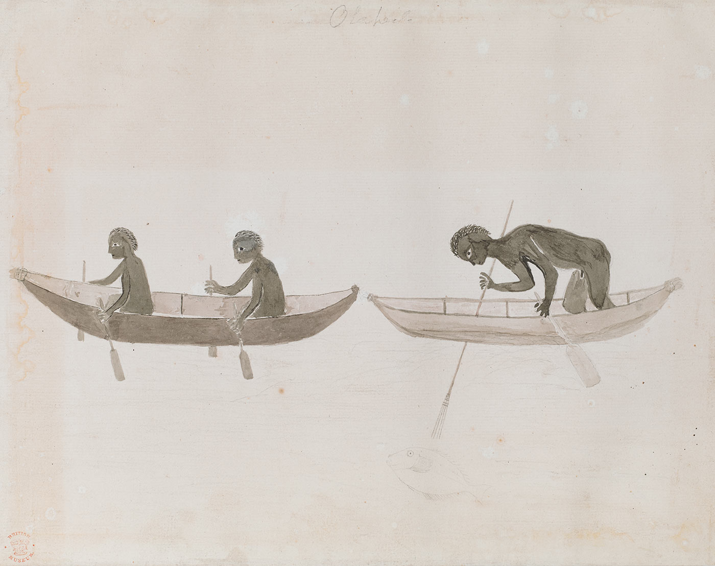 Artwork featuring people in canoes. One person is spearing a fish which is swimming below the water’s surface. There is faint handwriting at the top of the artwork and a red stamp in the bottom left corner.