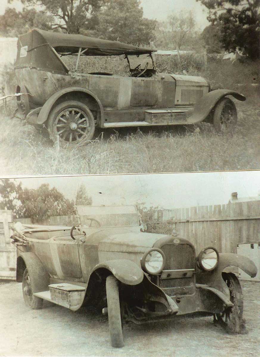 Two black and white photographs of an open-topped motor car. - click to view larger image