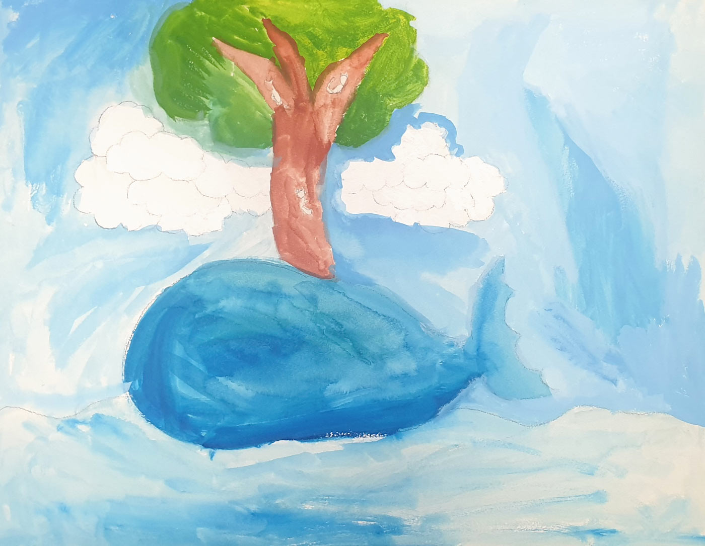 Painting showing a tree growing from a large blue form.