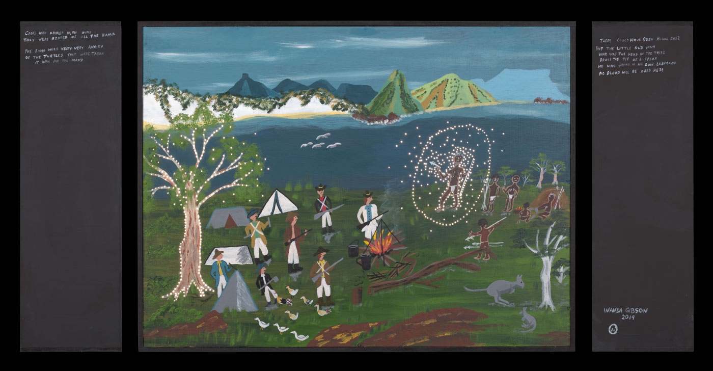 A light box made from plywood and medium density fibreboard [MDF] with an acrylic painting on the front of the box that features two groups of people with a campfire in the centre, a tree on the left and water in the background. Text on the left side of the box reads ' COOKS MEN ARMED WITH GUNS / THEY WERE SCARED OF ALL THE BAMA / THE BAMA WERE VERY ANGRY / OF THE TURTLES THAT WERE TAKEN / IT WAS FAR TOO MANY.' The right side of the box has text that reads 'THERE COULD HAVE BEEN BLOOD SHED / BUT THE LITTLE OLD MAN / WHO WAS THE HEAD OF THE TRIBE / BROKE THE TIP OF A SPEAR / HE WAS SAYING IN HIS OWN LAUNGAGE[sic] / NO BLOOD WILL BE SHED HERE'. Very small holes are drilled around a central aboriginal figure. - click to view larger image