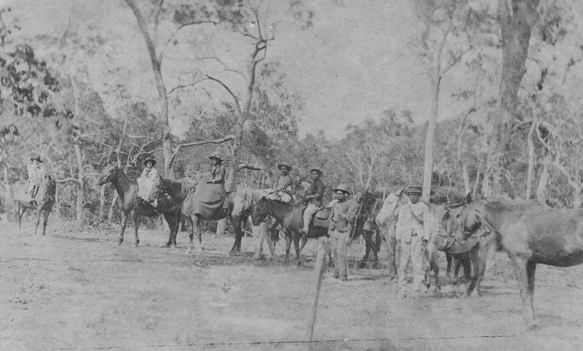 Black-and-white photo of a group of men and women with horses in bushland.