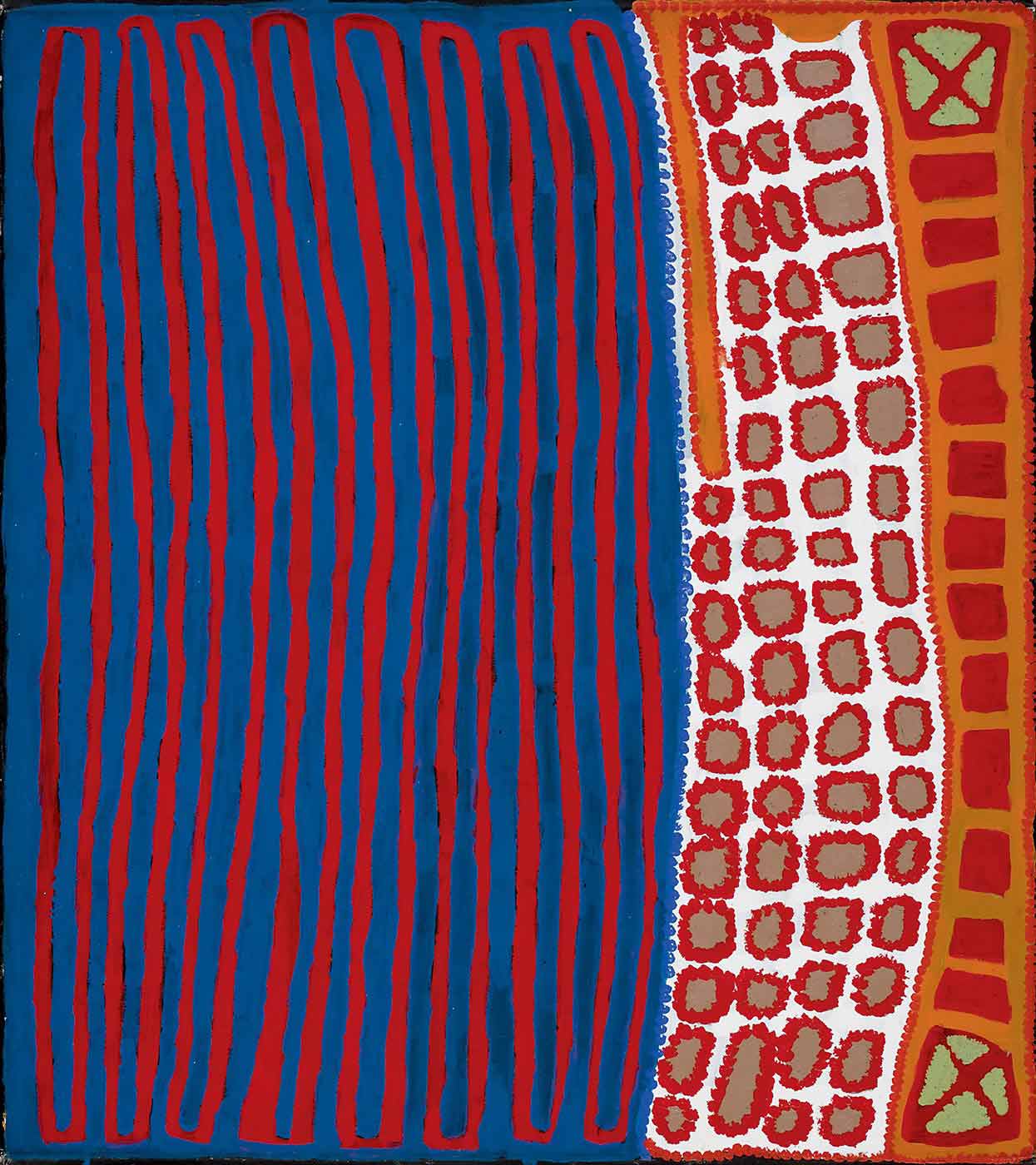 A painting on canvas with a vertical blue and red stripe-like section on the left, and vertical lines of squares on the right. The left side of the painting has long thin oblong outlines in red on a blue background. The middle of the painting has three and a half vertical lines of grey squares outlined with red dots on a white background On the right there is a vertical line of red squares on an orange background with a green square decorated with a red 