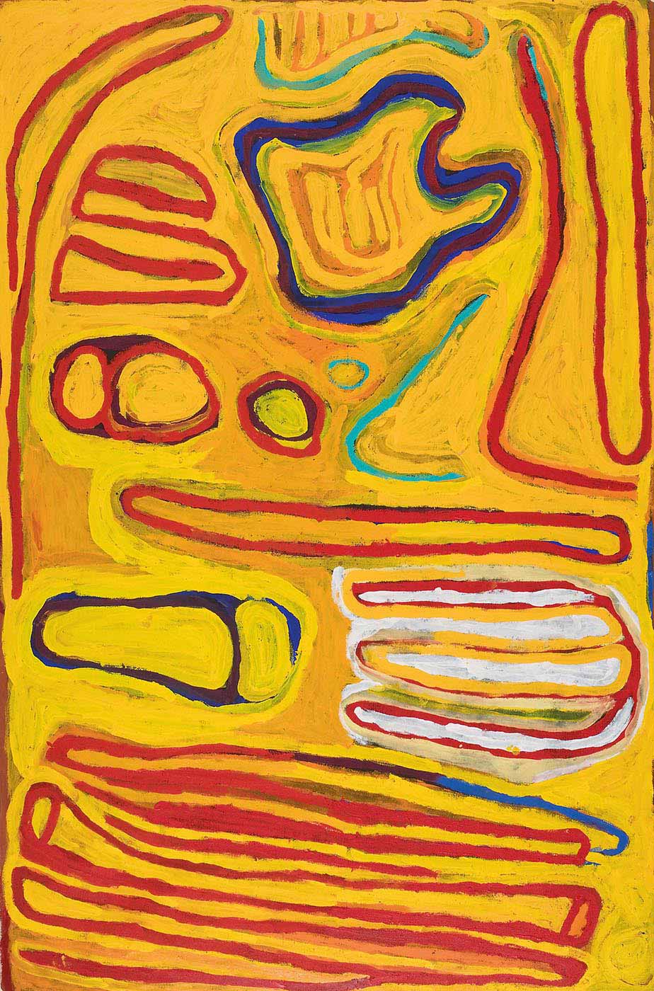 An acrylic painting on canvas of outlined motifs in bright colours on a predominantly yellow background. On one short side there is a red line motif that appears like uneven stripes with some connecting together. Next to that is a white, yellow and red three pronged motif and a blue pear shape overlaid with two yellow ovals. In the central section there is a red long thin outlined oblong, and at the other shortest end there are circles, V shapes in green and outlined shapes in red at both corners with a blue outlined shape between them. - click to view larger image
