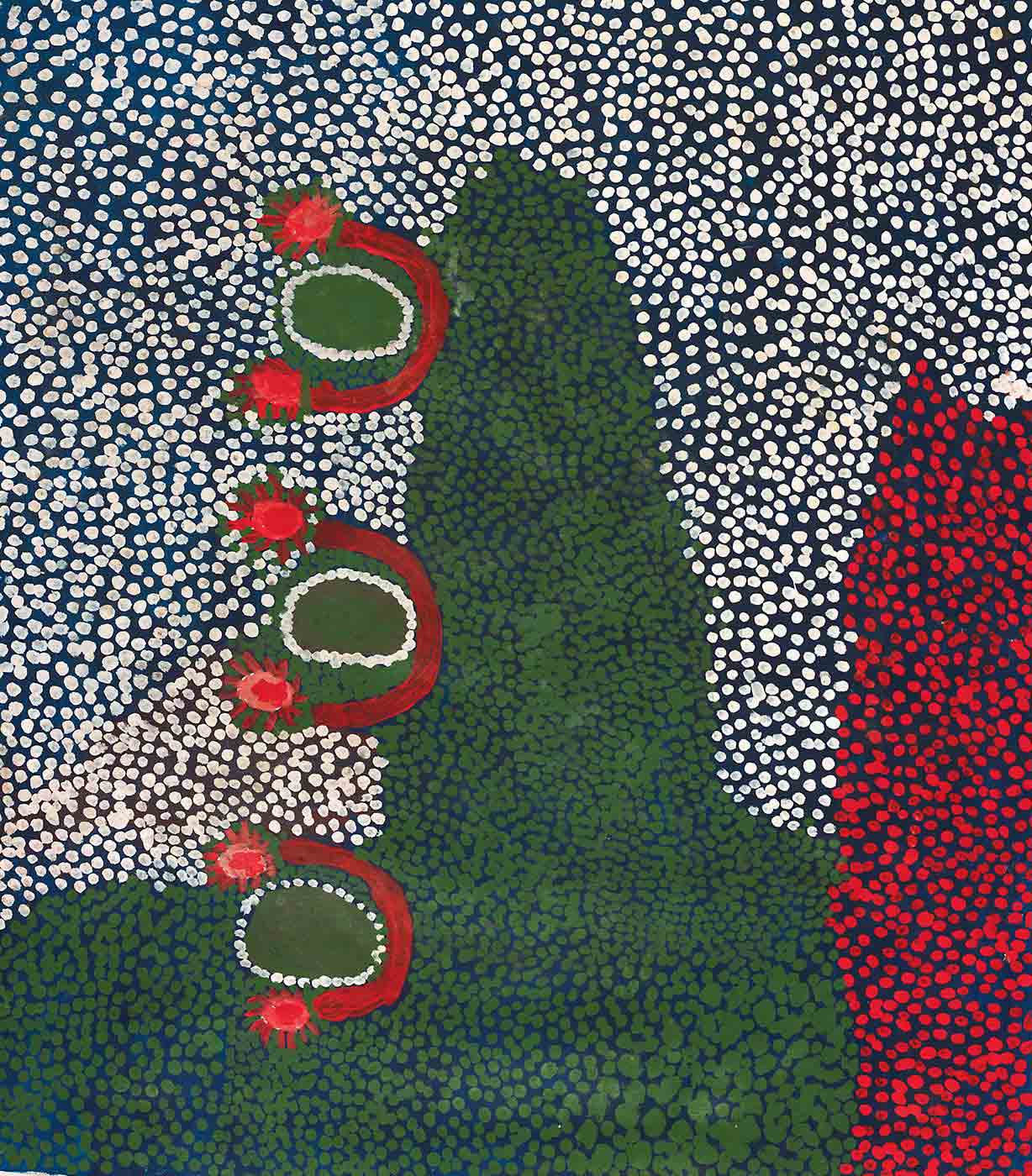 A dot painting made with acrylic paint on canvas. The painting has a dark blue background with three central oval shapes in green. Around each of these green oval shapes is an outline of white dots. Around that outline is a red semi circle with sun shapes at either end. Dots fill the rest of the painting. One side has white dots and the other side has a section of green dots and a smaller section of red dots in the corner. The different coloured dots meet in the centre creating a wavy line. - click to view larger image