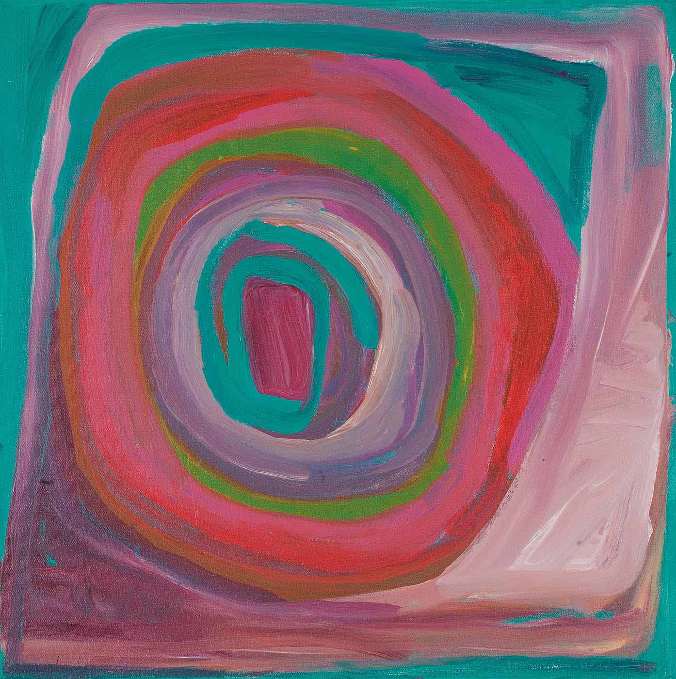 A multicoloured concentric circle painted within a square border on canvas. Colours include turquoise, pink, red, green, blue, and shades of purple. - click to view larger image
